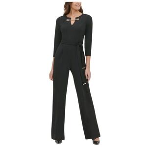 Tommy Hilfiger Black Chain Neck Wide Leg Belted Crepe Jumpsuit Size 6 Minimalist